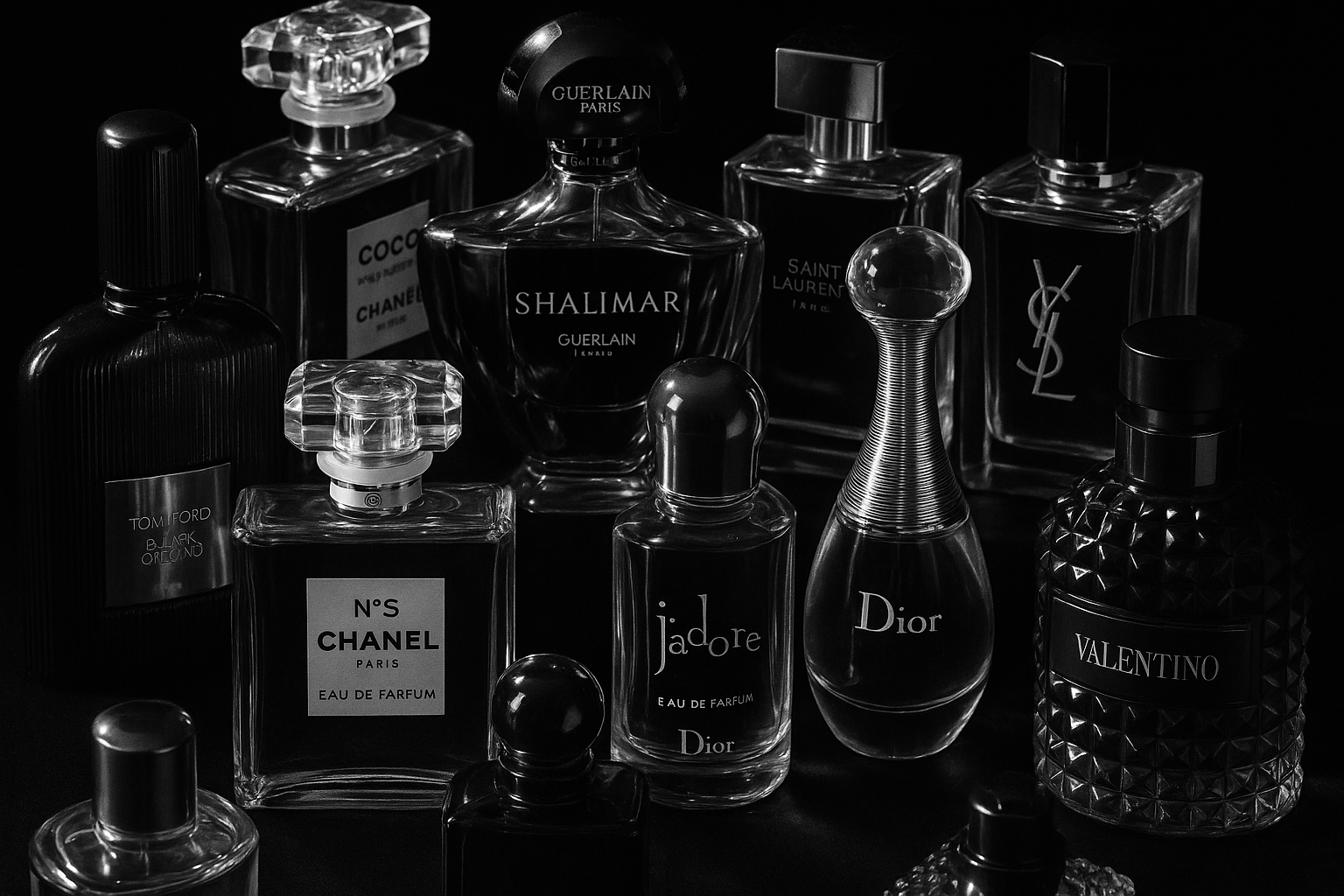 create an image that displays alot designer fragrances in black and white